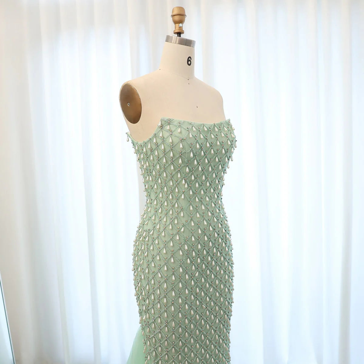 Luxury Crystal & Pearl Sage Green Evening Dress with Cape