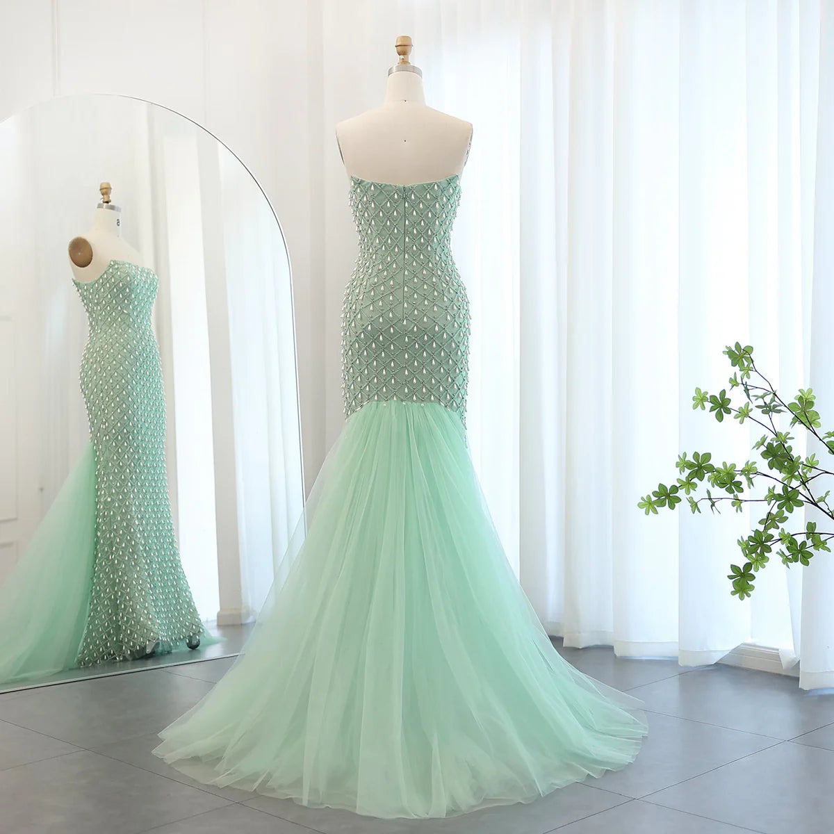 Luxury Crystal & Pearl Sage Green Evening Dress with Cape