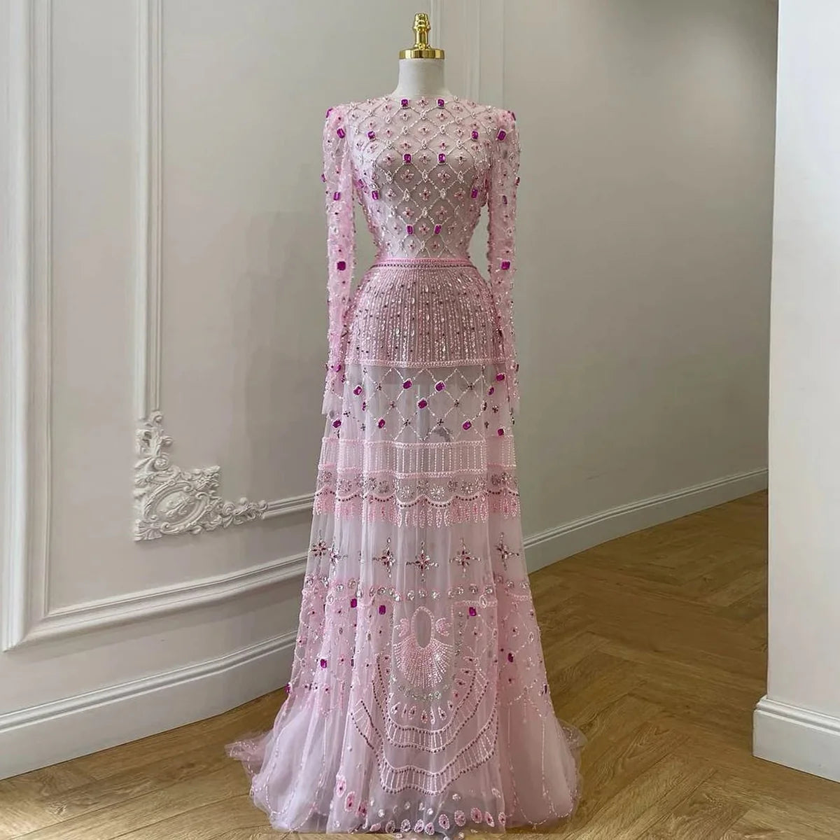 Luxury Pink Crystal Beaded Long-Sleeve Embroidered Evening Dress