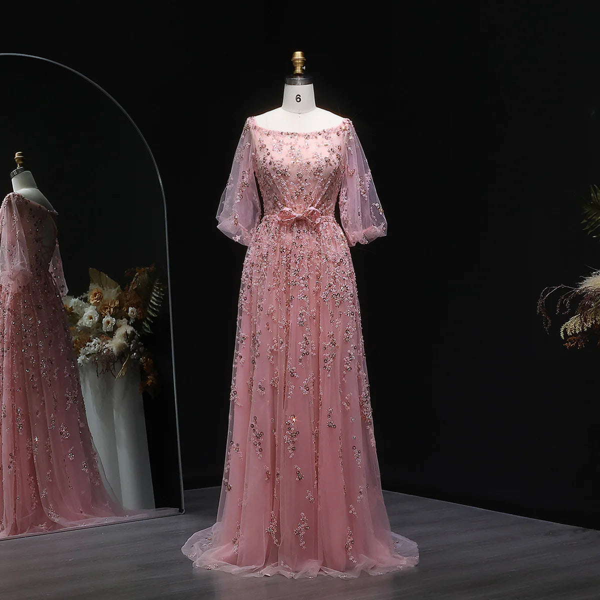 Elegant Beaded Sequin Pink Long Sleeve Evening Dress with Bow