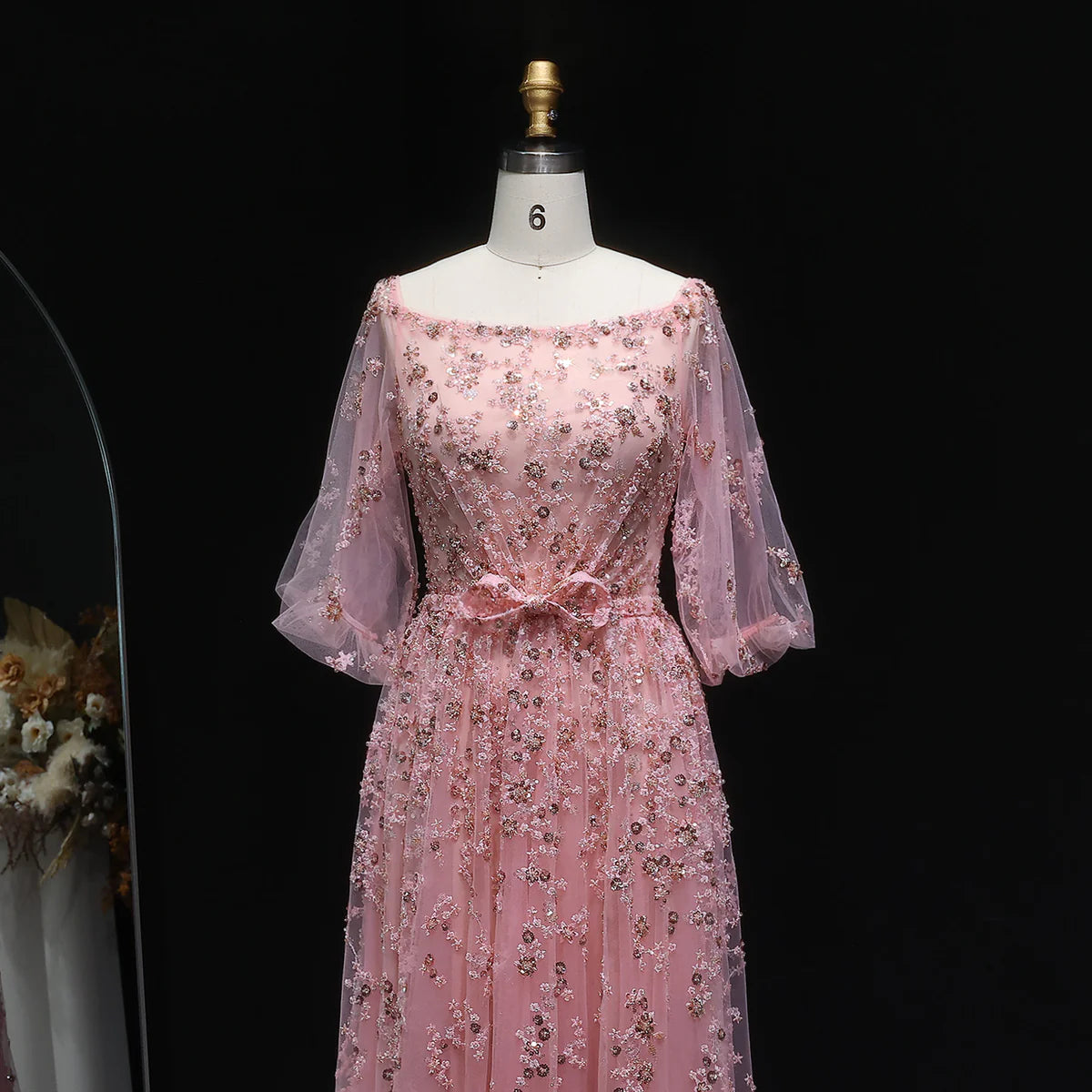 Elegant Beaded Sequin Pink Long Sleeve Evening Dress with Bow