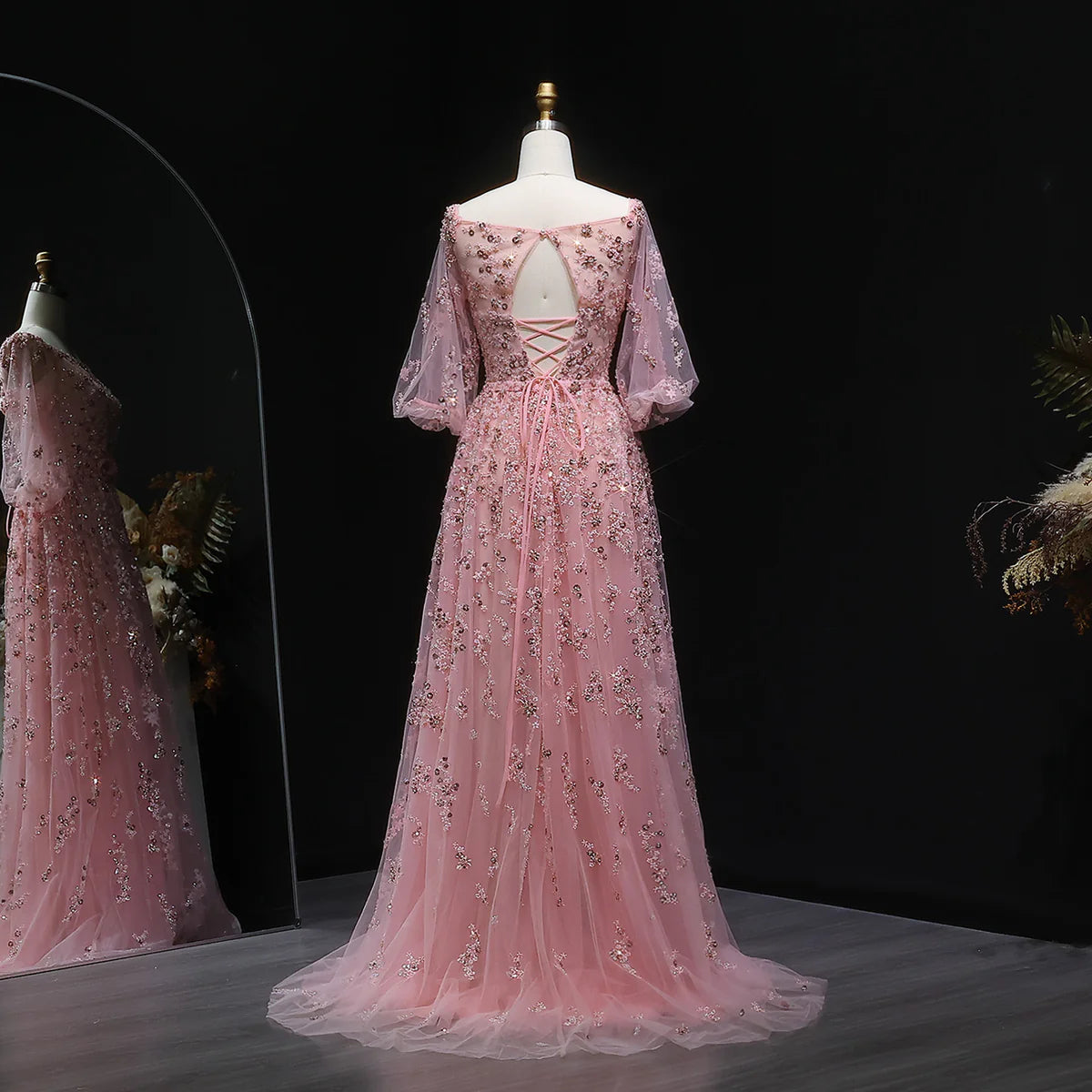 Elegant Beaded Sequin Pink Long Sleeve Evening Dress with Bow