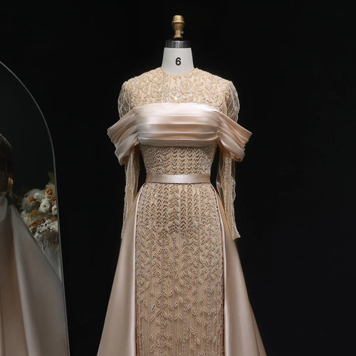 Elegant Arabic Champagne Beaded Evening Dress with Overskirt