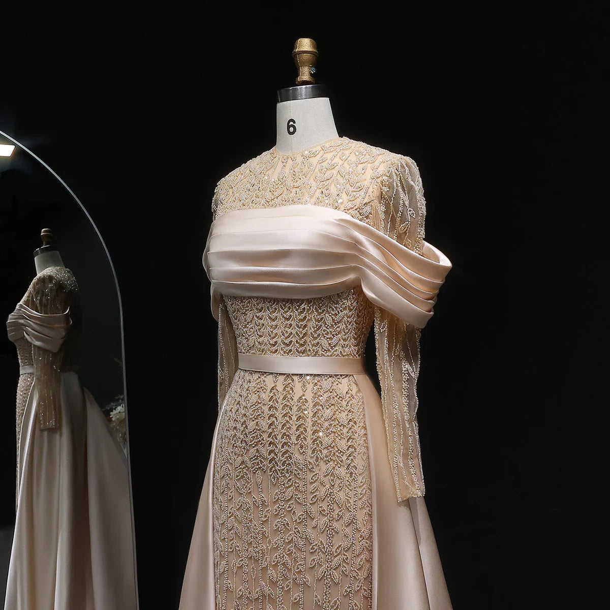 Elegant Arabic Champagne Beaded Evening Dress with Overskirt