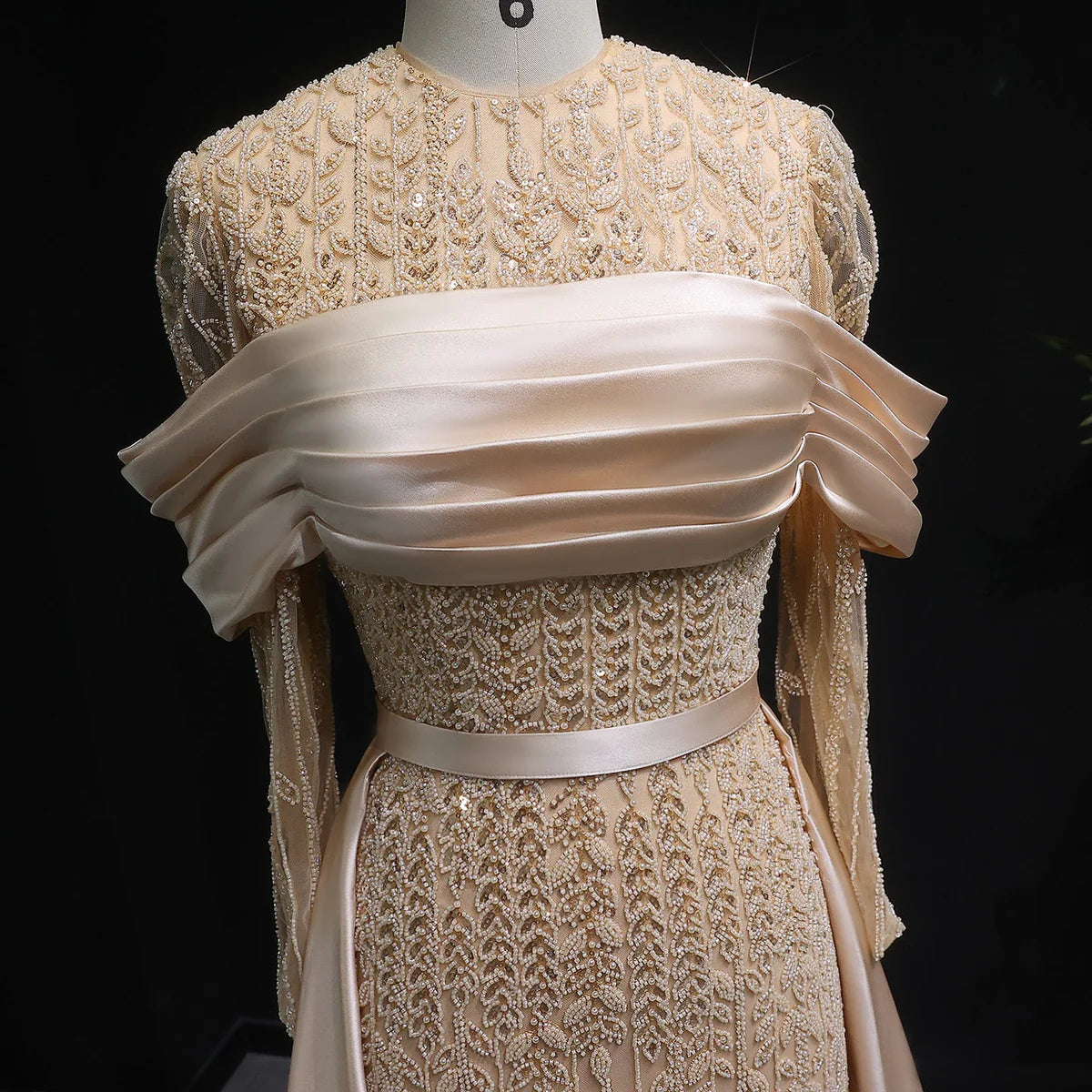 Elegant Arabic Champagne Beaded Evening Dress with Overskirt