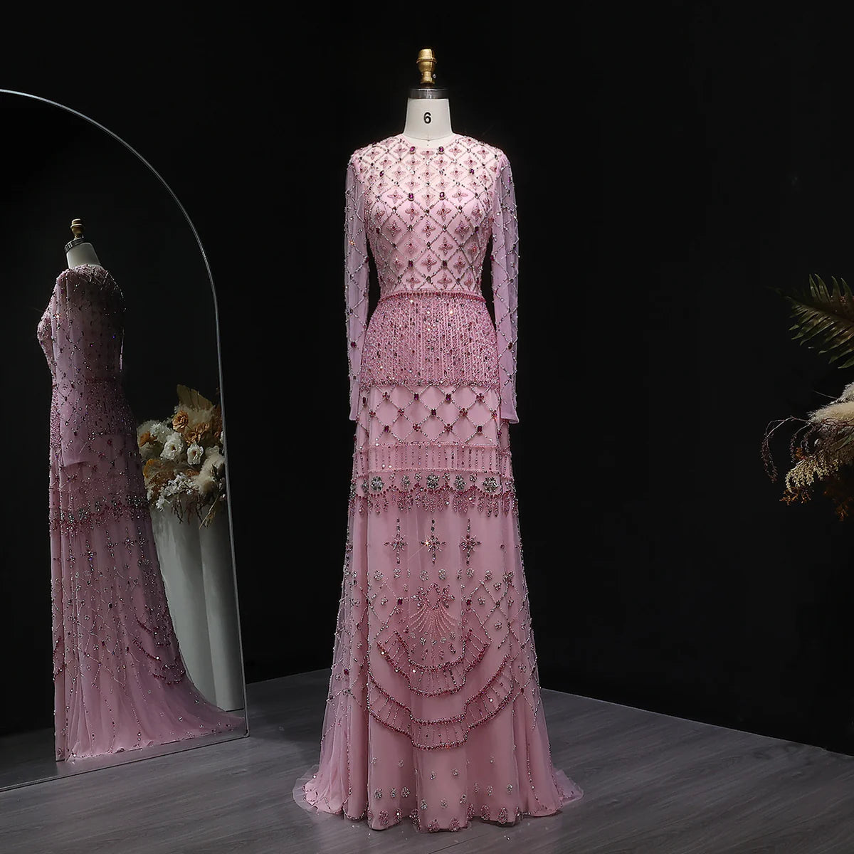 Luxury Pink Crystal Beaded Long-Sleeve Embroidered Evening Dress