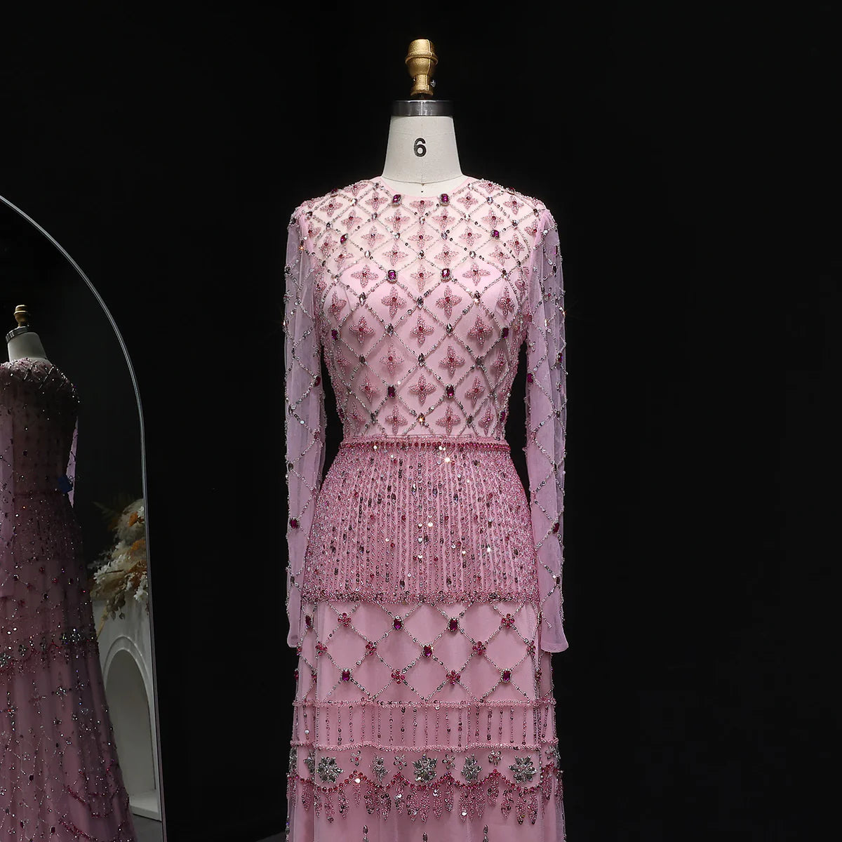 Luxury Pink Crystal Beaded Long-Sleeve Embroidered Evening Dress