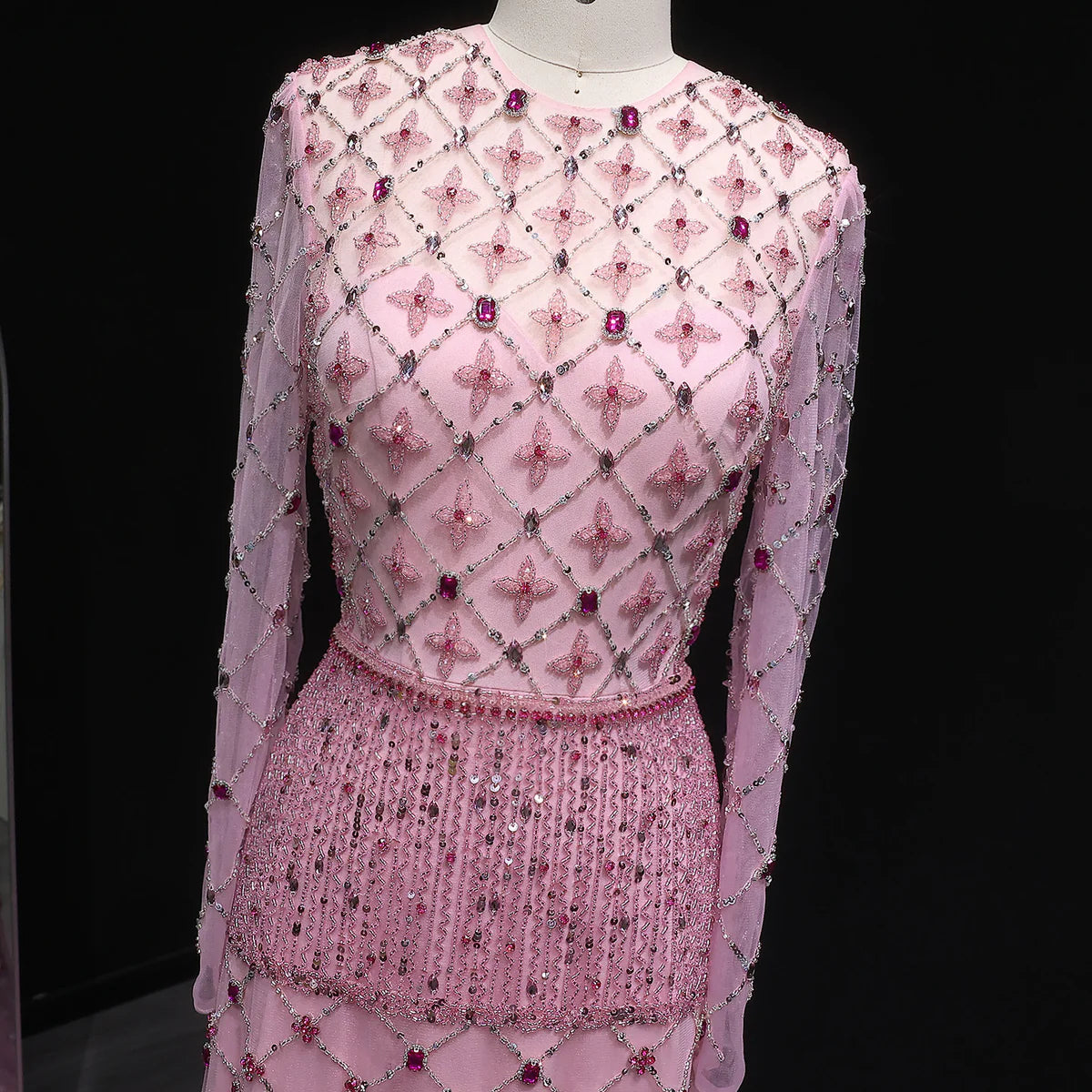 Luxury Pink Crystal Beaded Long-Sleeve Embroidered Evening Dress