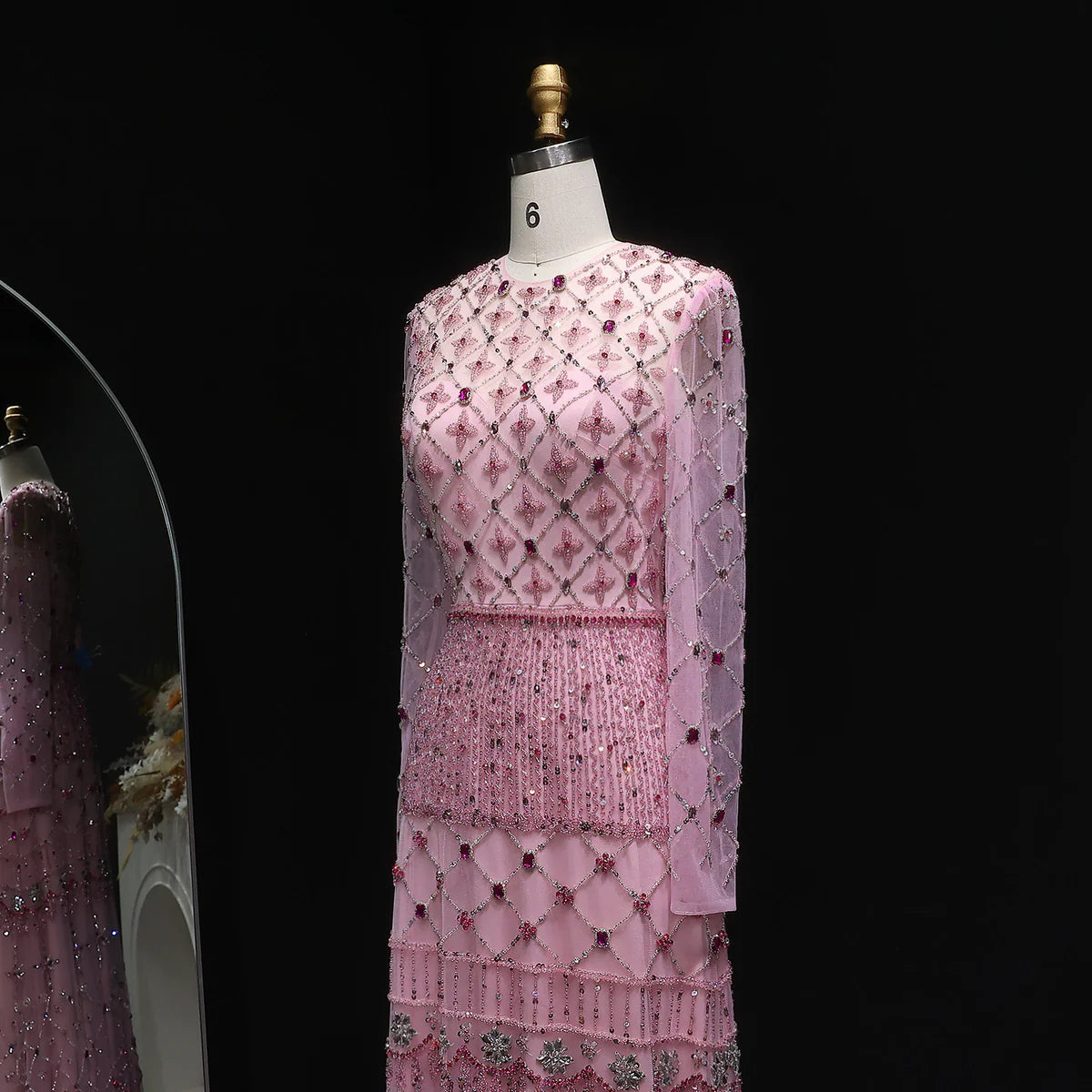 Luxury Pink Crystal Beaded Long-Sleeve Embroidered Evening Dress