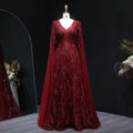 Elegant Crystal Wine Red Mermaid Evening Dress with Cape Sleeves