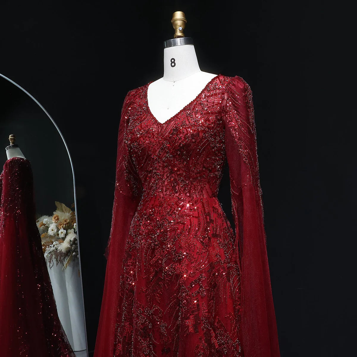 Elegant Crystal Wine Red Mermaid Evening Dress with Cape Sleeves