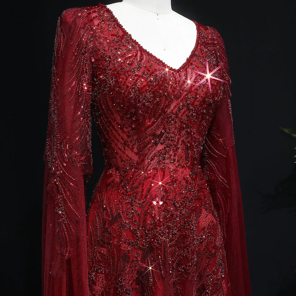 Elegant Crystal Wine Red Mermaid Evening Dress with Cape Sleeves