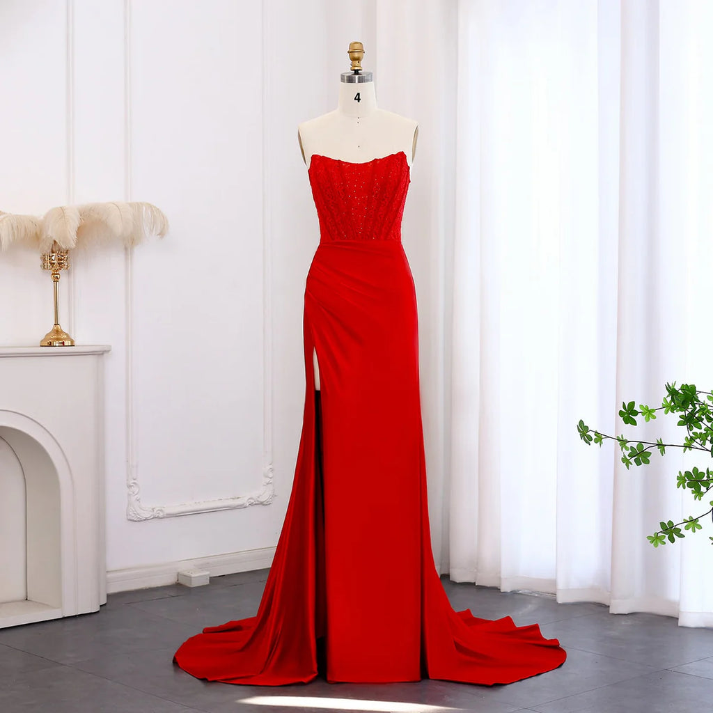 Stunning Red Sleeveless Beaded Mermaid Prom Dress with Slit