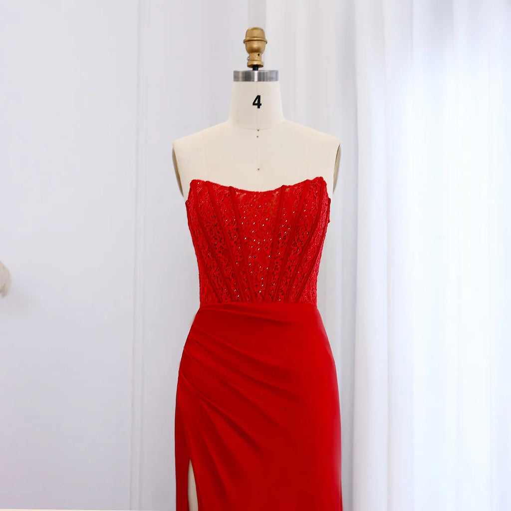 Stunning Red Sleeveless Beaded Mermaid Prom Dress with Slit