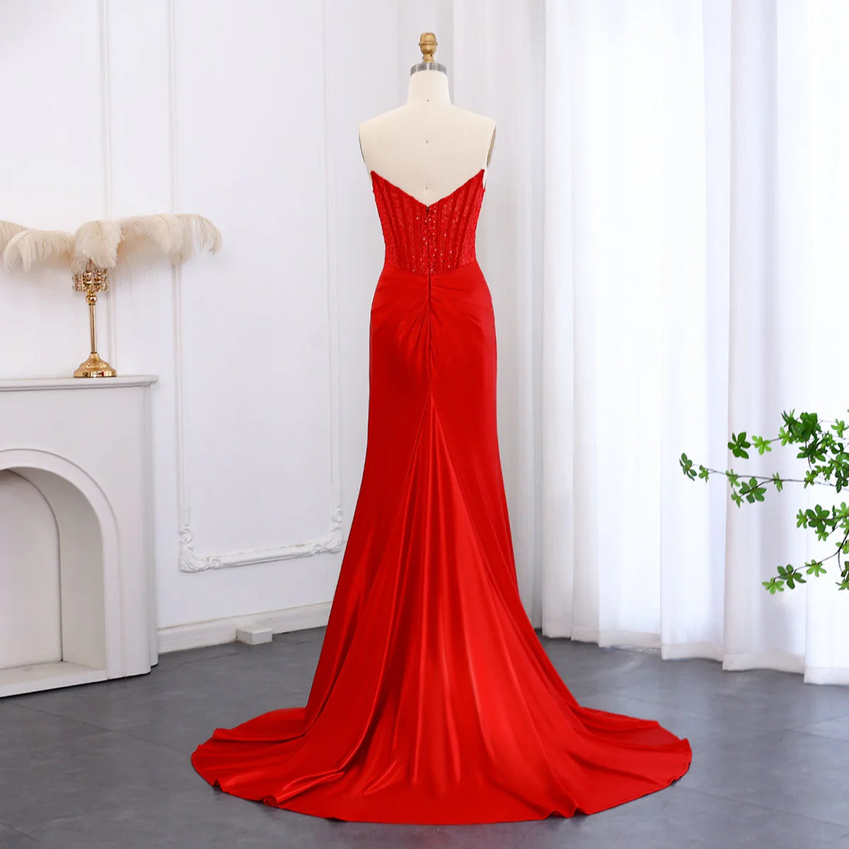 Stunning Red Sleeveless Beaded Mermaid Prom Dress with Slit