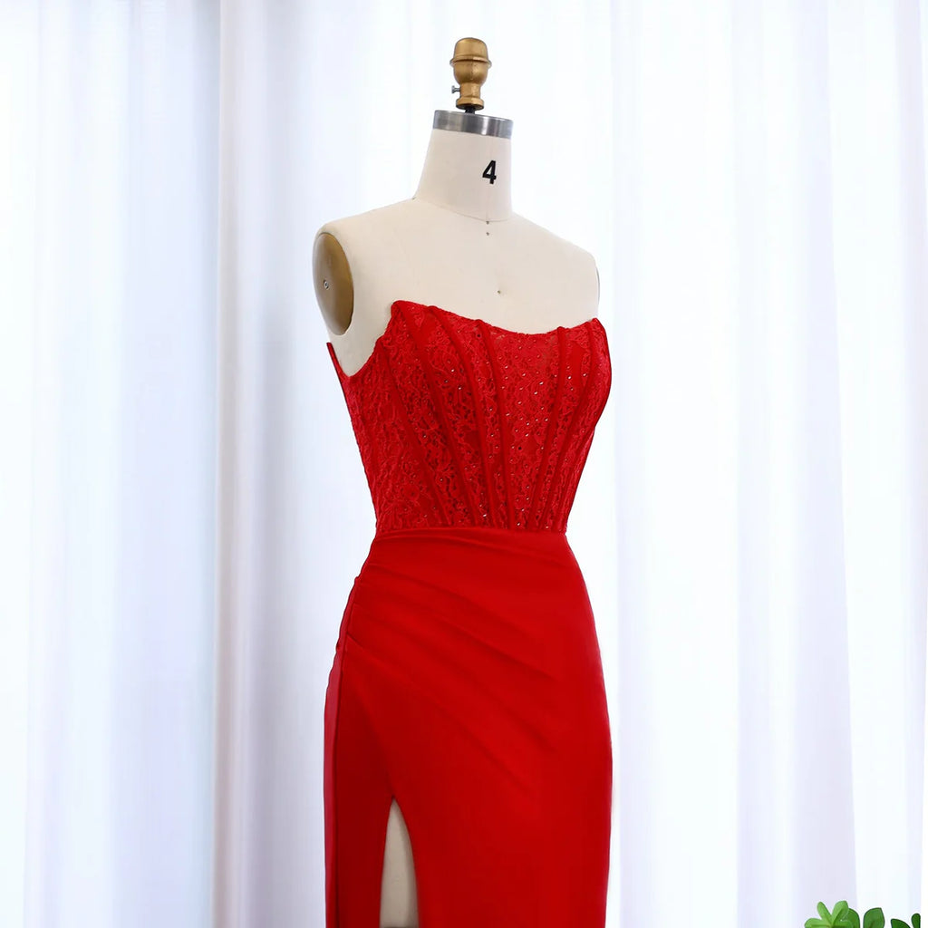 Stunning Red Sleeveless Beaded Mermaid Prom Dress with Slit