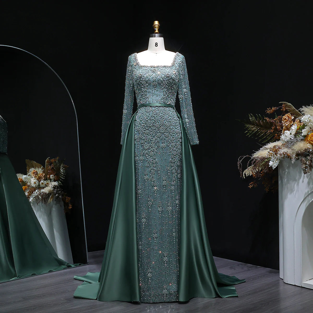 Luxury Green Beaded Long-Sleeve Evening Dress with Overskirt