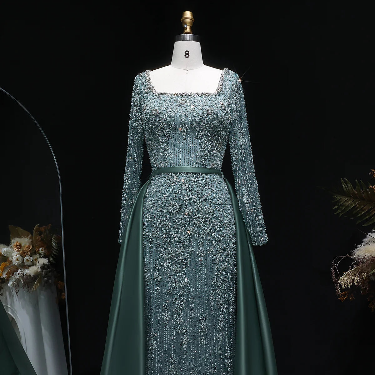 Luxury Green Beaded Long-Sleeve Evening Dress with Overskirt