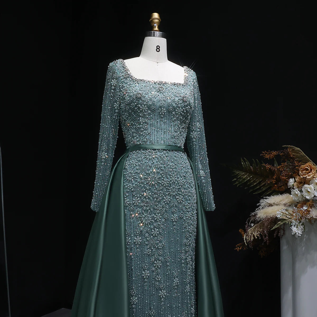 Luxury Green Beaded Long-Sleeve Evening Dress with Overskirt
