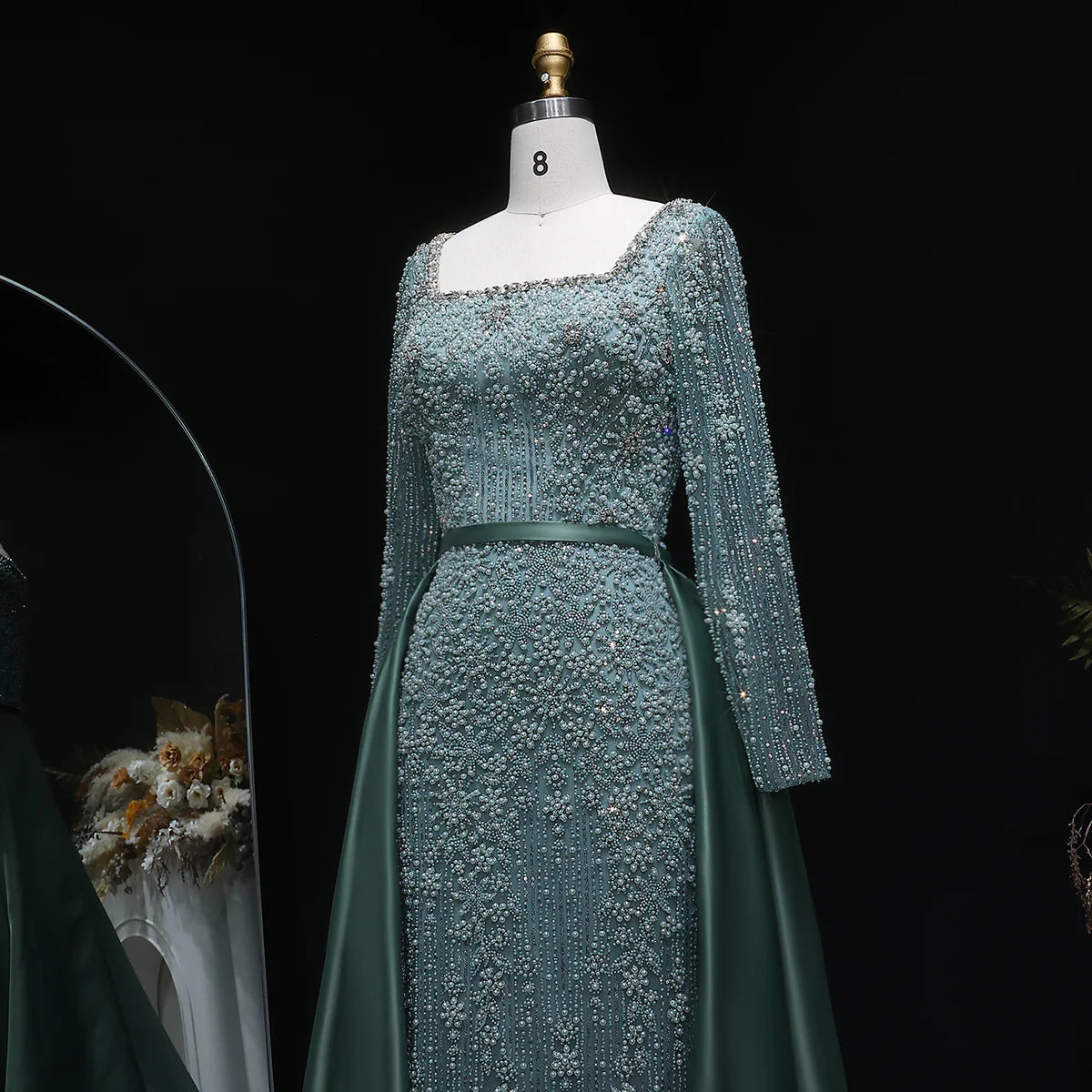 Luxury Green Beaded Long-Sleeve Evening Dress with Overskirt
