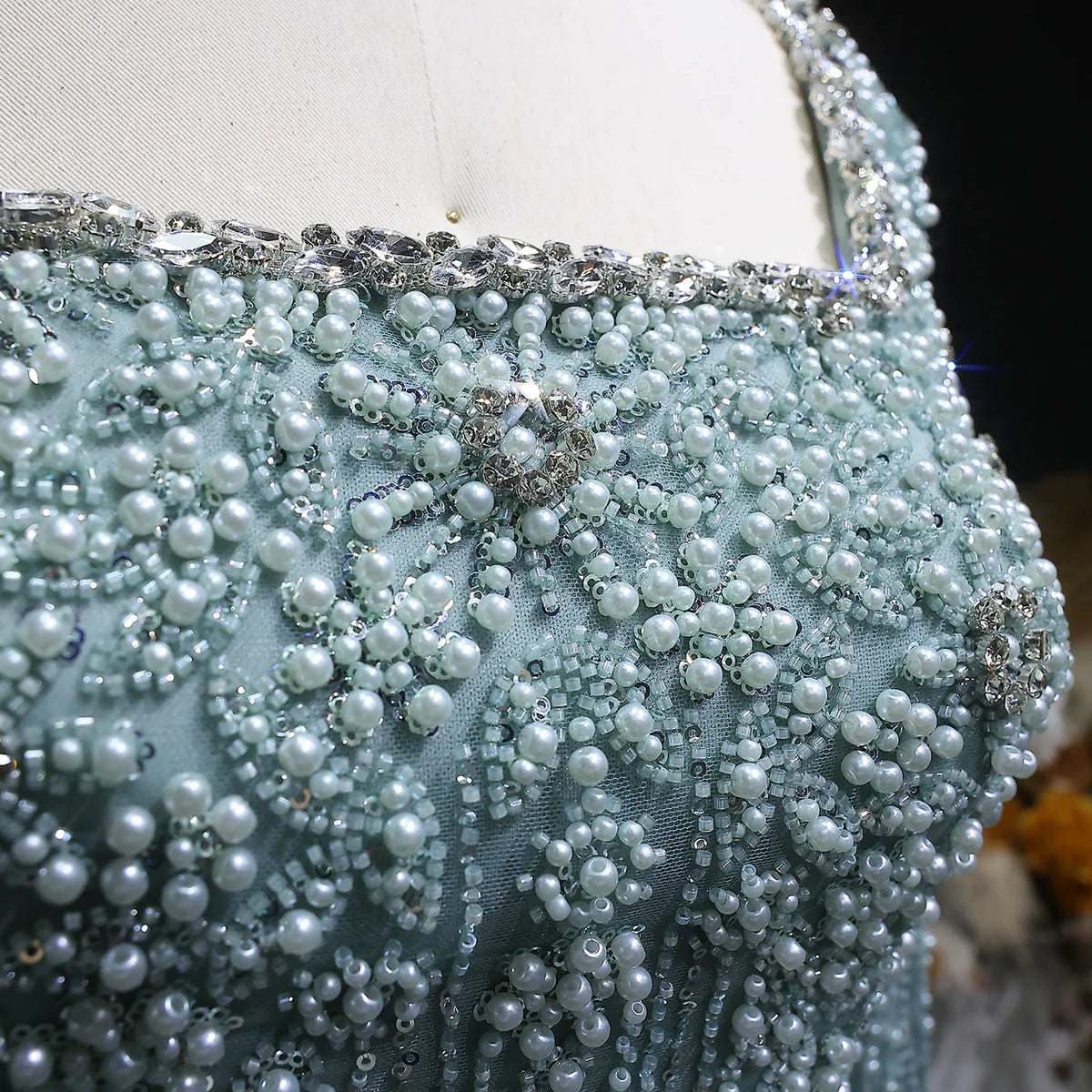 Luxury Green Beaded Long-Sleeve Evening Dress with Overskirt