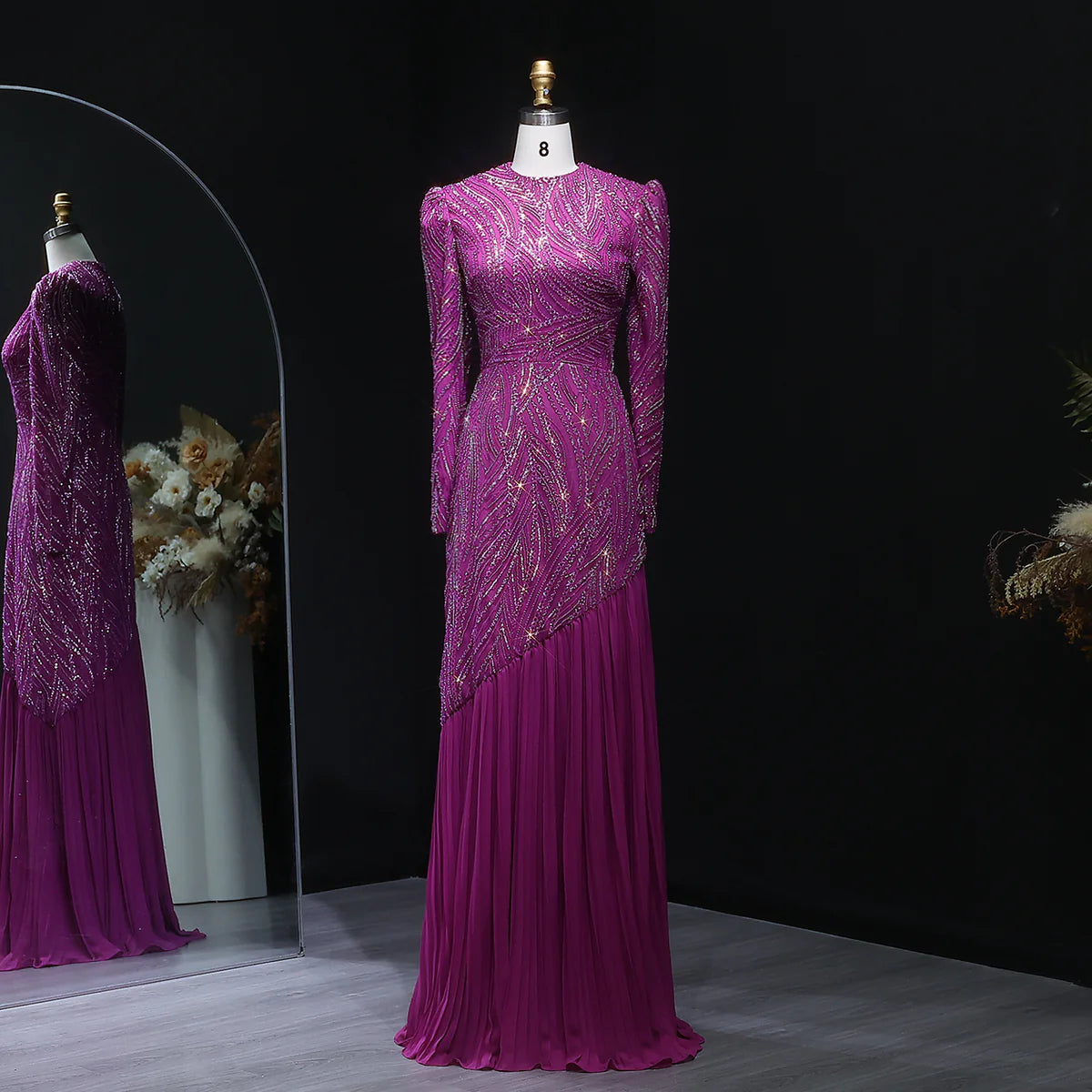 Luxury Magenta High-Neck Beaded Hijab Arabic Evening Dress