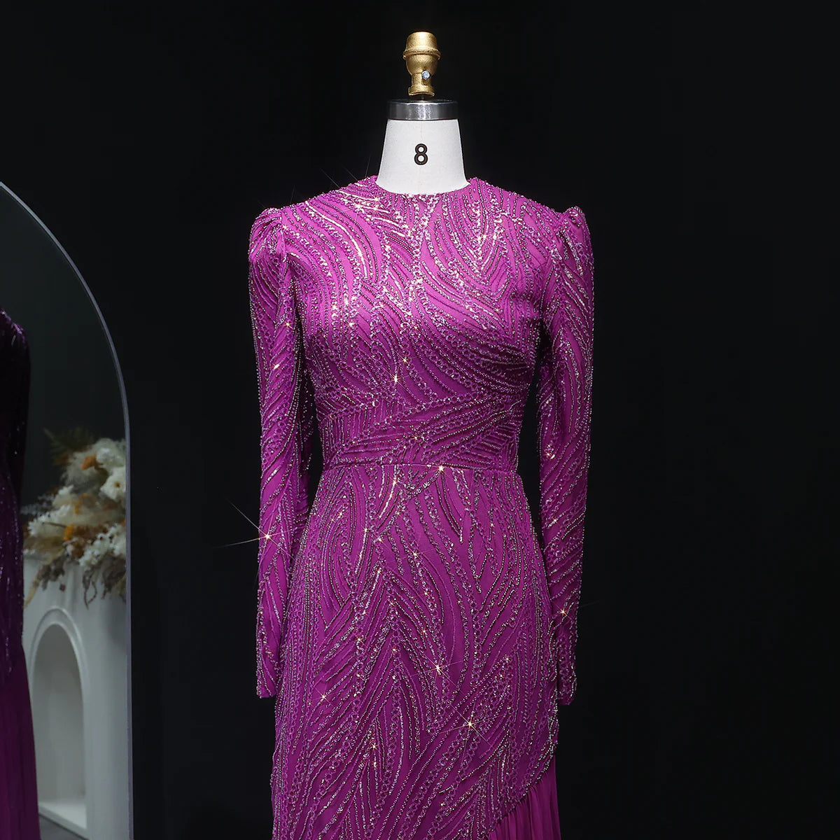 Luxury Magenta High-Neck Beaded Hijab Arabic Evening Dress