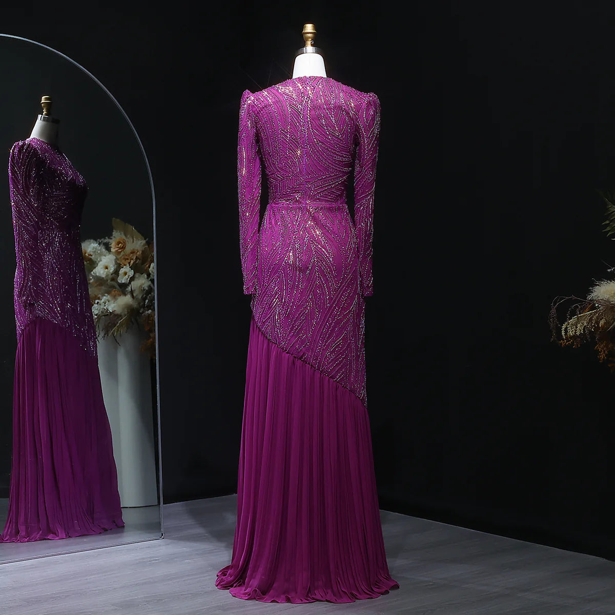 Luxury Magenta High-Neck Beaded Hijab Arabic Evening Dress