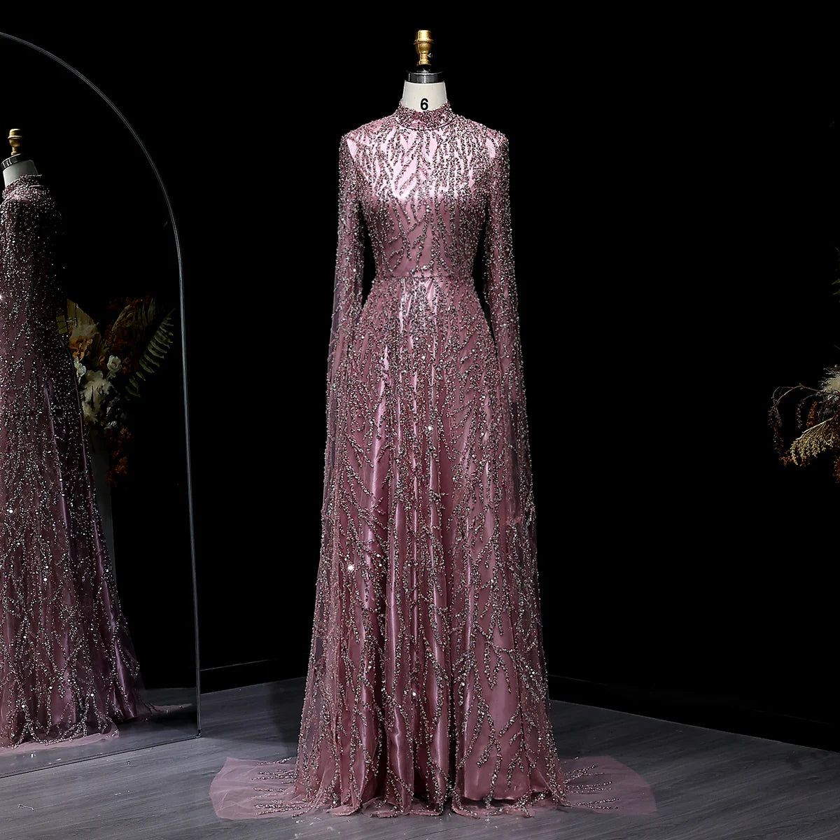 Elegant Dusty Pink Sequin & Beaded Long-Sleeve Evening Gown