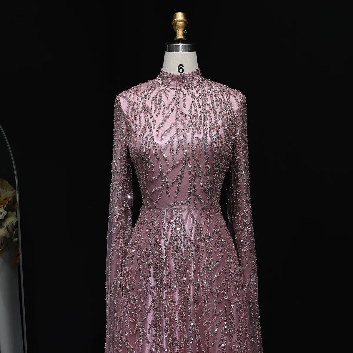 Elegant Dusty Pink Sequin & Beaded Long-Sleeve Evening Gown