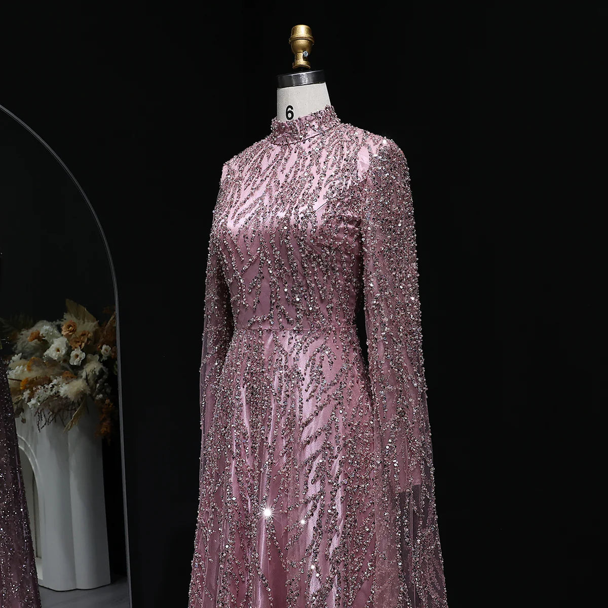 Elegant Dusty Pink Sequin & Beaded Long-Sleeve Evening Gown