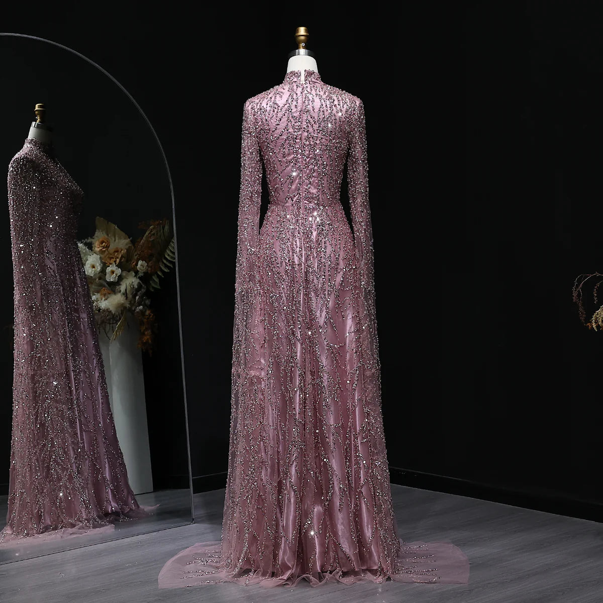 Elegant Dusty Pink Sequin & Beaded Long-Sleeve Evening Gown