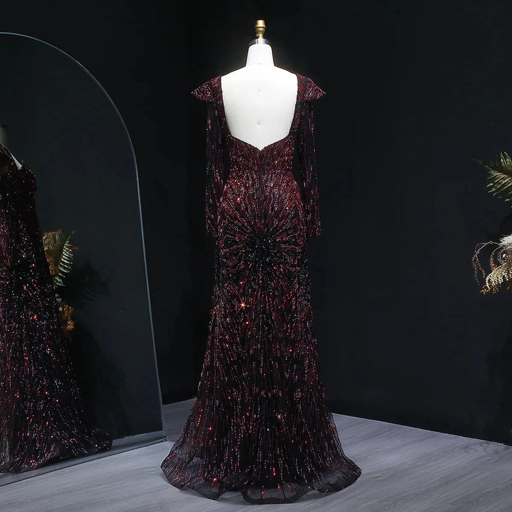 Midnight Burgundy Radiance Beaded Evening Gown