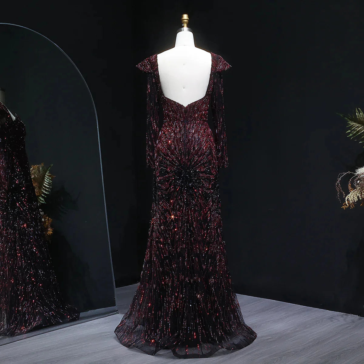 Midnight Burgundy Radiance Beaded Evening Gown