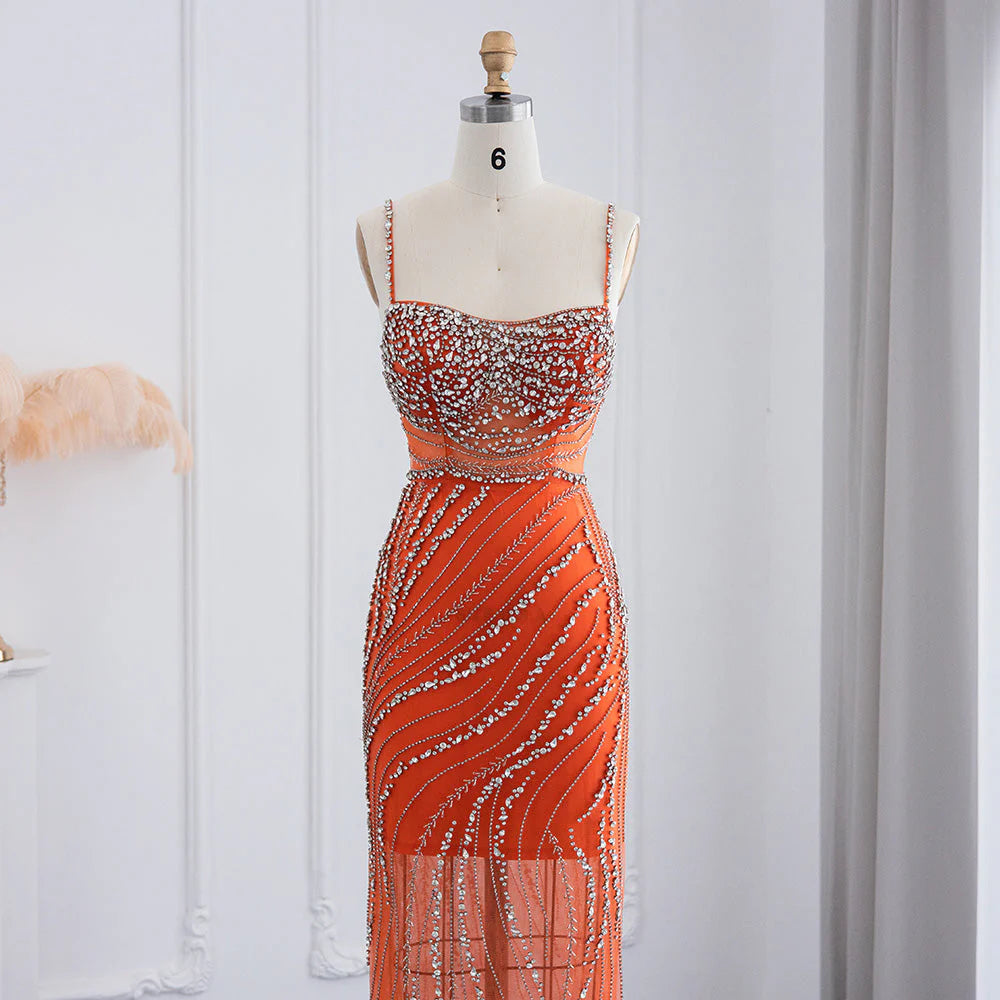 Luxury Orange Crystal Spaghetti Cocktail Party Dress