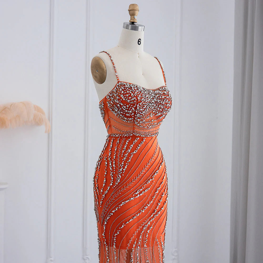 Luxury Orange Crystal Spaghetti Cocktail Party Dress