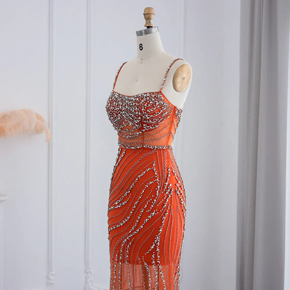 Luxury Orange Crystal Spaghetti Cocktail Party Dress