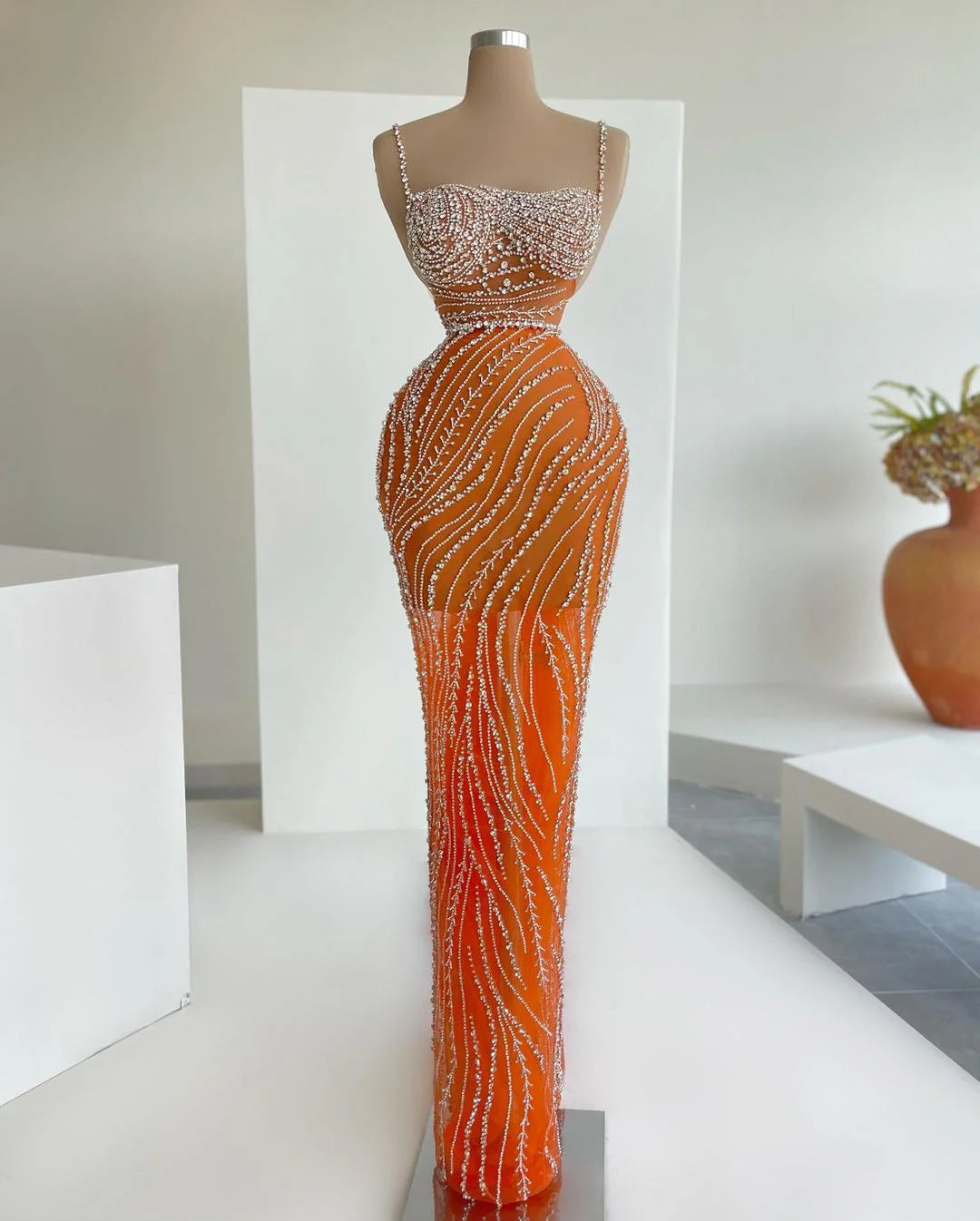 Luxury Orange Crystal Spaghetti Cocktail Party Dress
