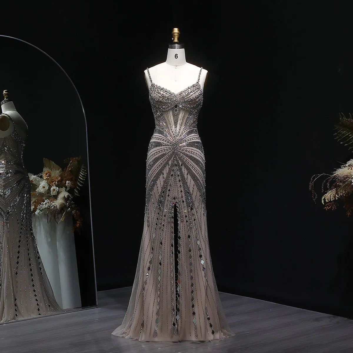 Luxury Beaded Mermaid Evening Dress with Spaghetti Straps