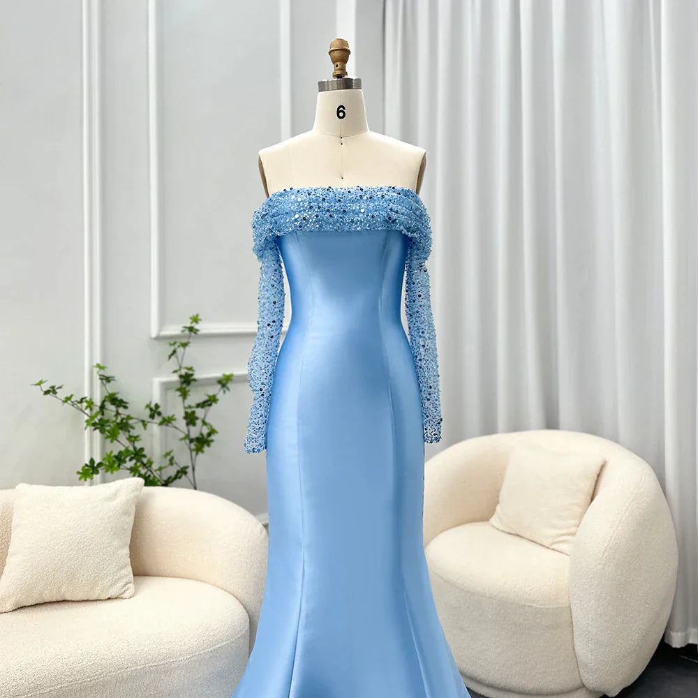 Elegant Off-Shoulder Blue Long-Sleeve Mermaid Evening Dress