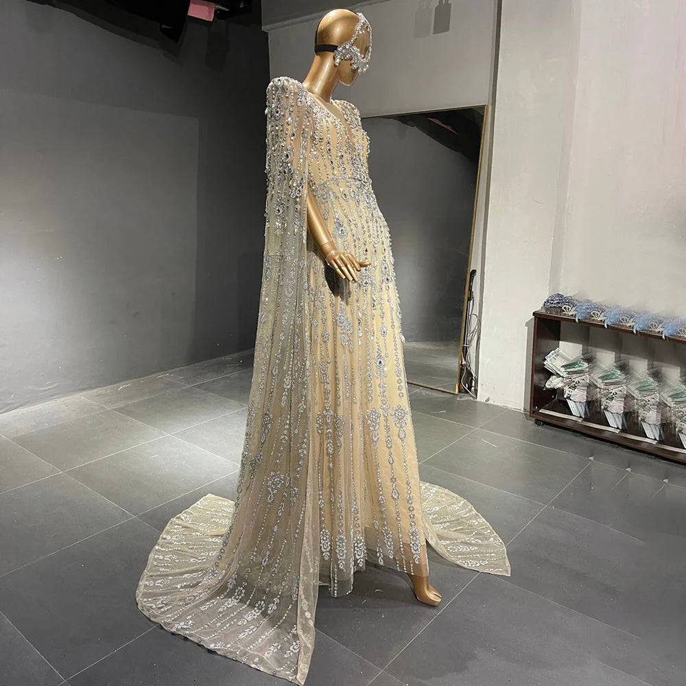 Luxury Crystal & Pearl Evening Dress with Cape Sleeves