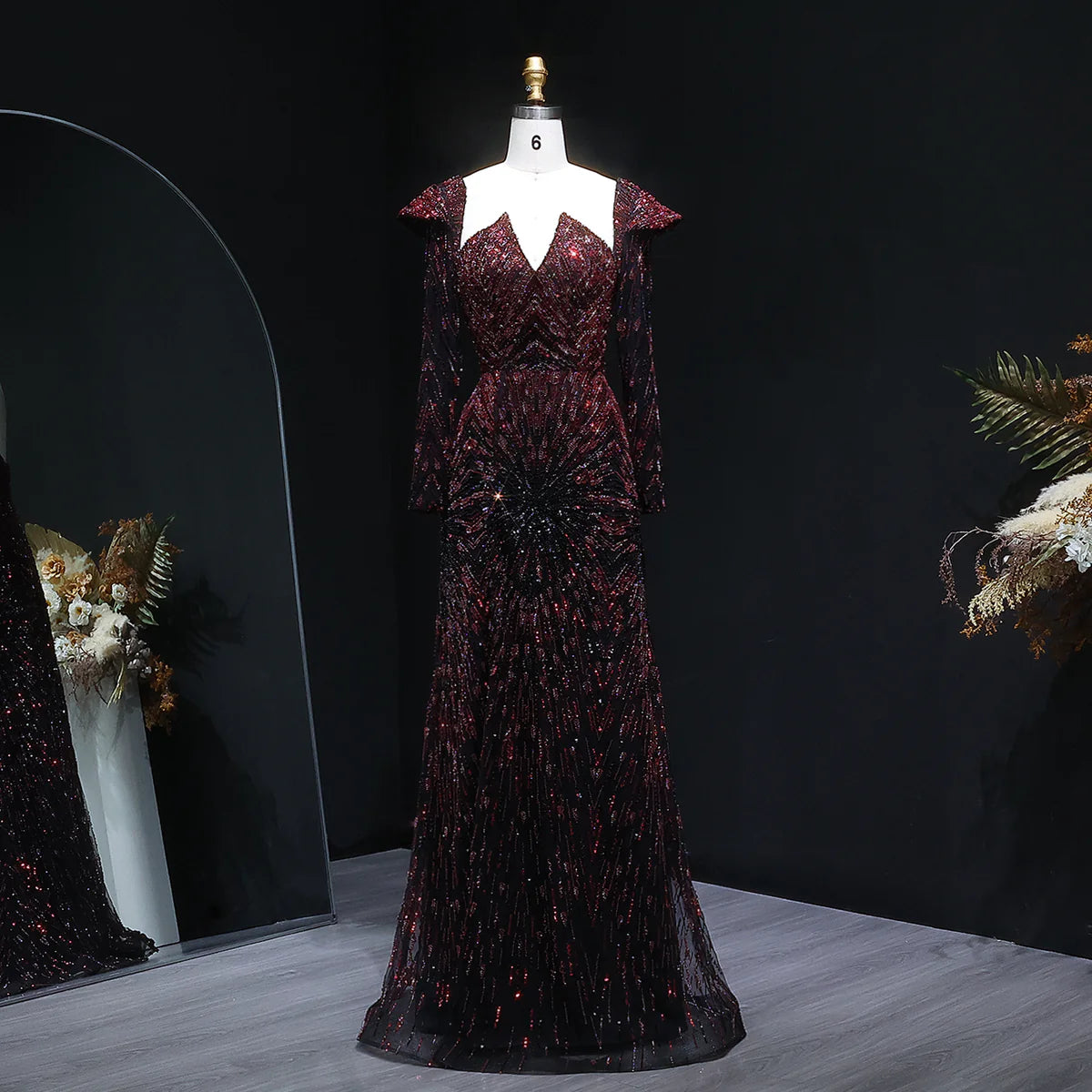 Midnight Burgundy Radiance Beaded Evening Gown