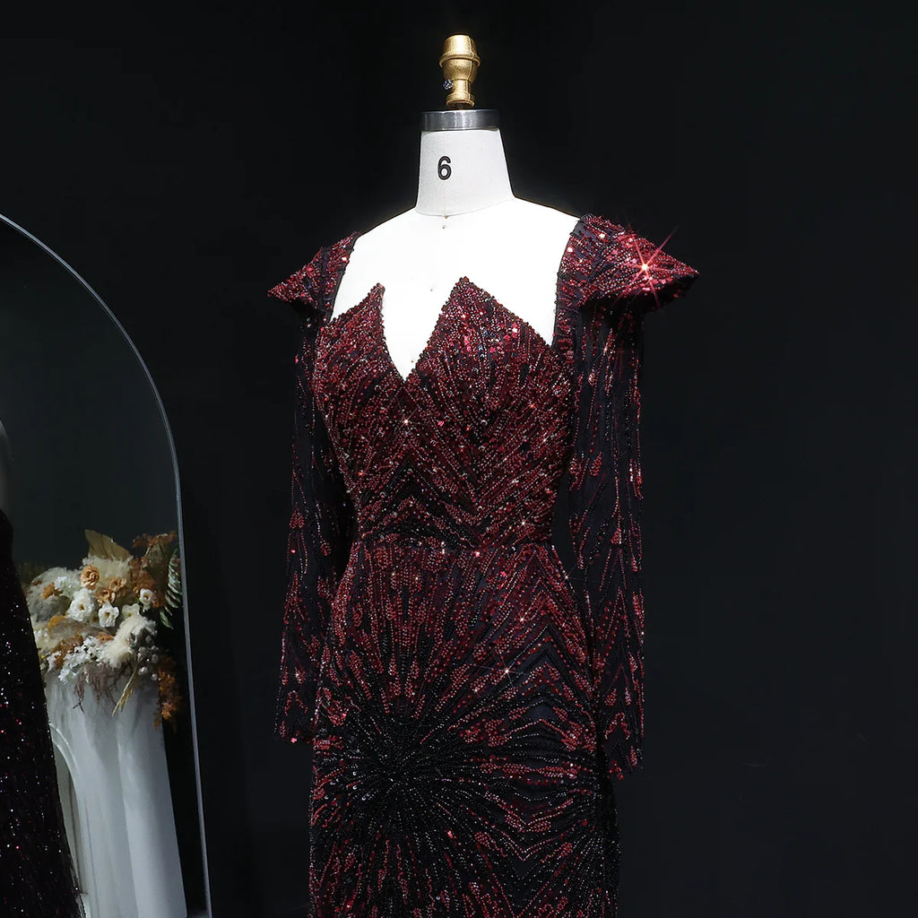 Midnight Burgundy Radiance Beaded Evening Gown
