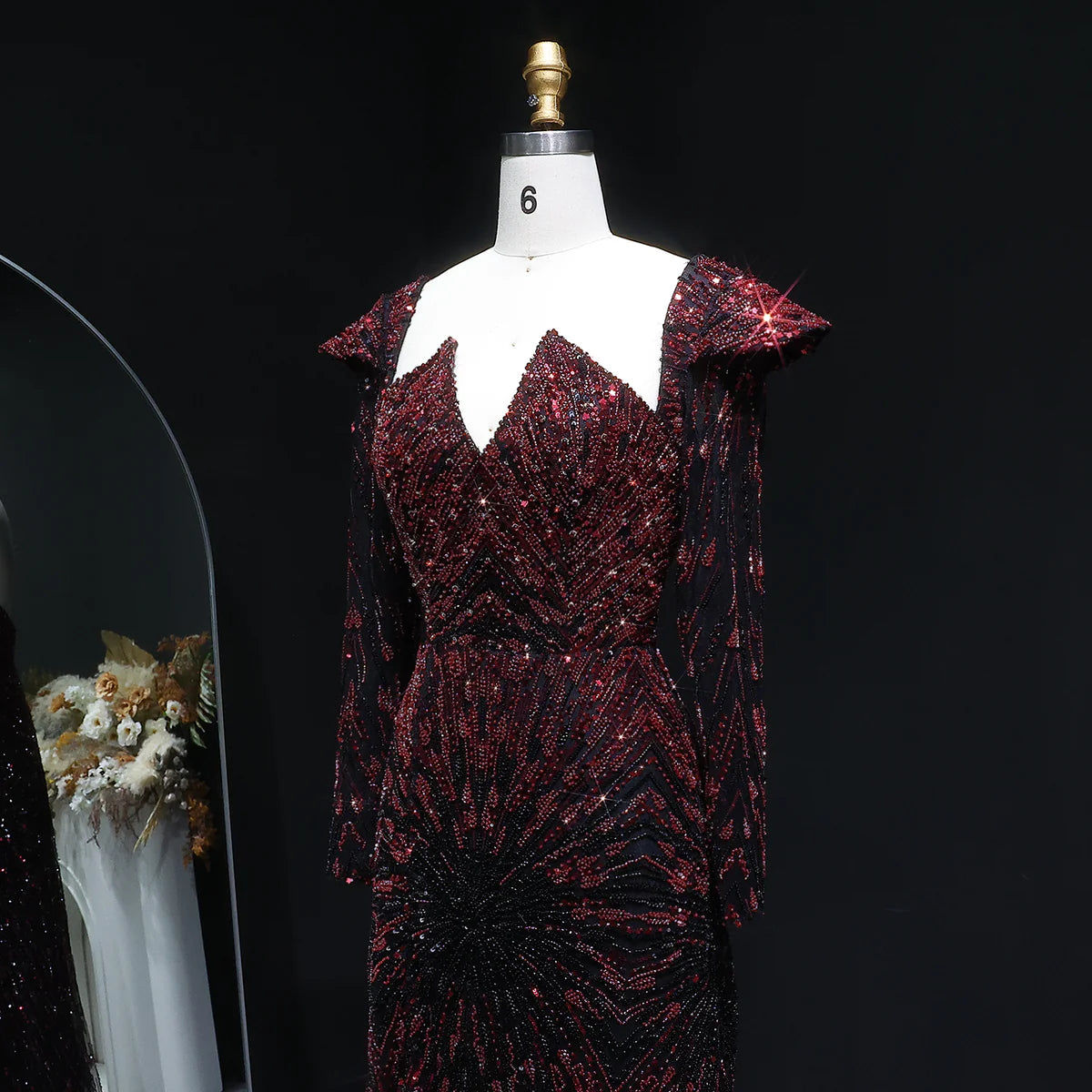 Midnight Burgundy Radiance Beaded Evening Gown