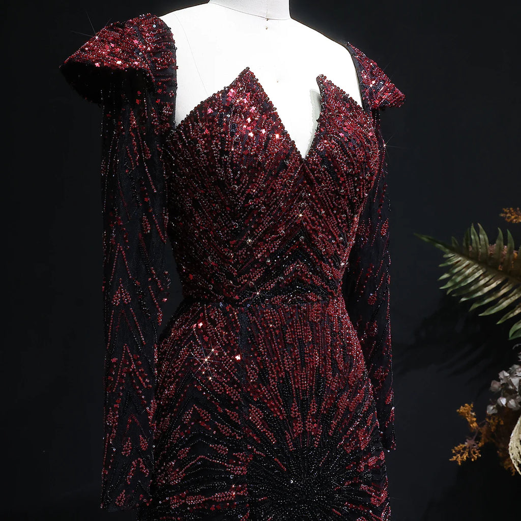 Midnight Burgundy Radiance Beaded Evening Gown