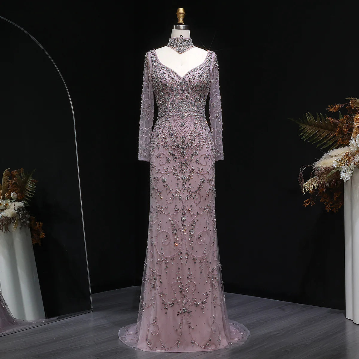 Elegant Pink Beaded Long Sleeve Evening Dress with Neck Ring
