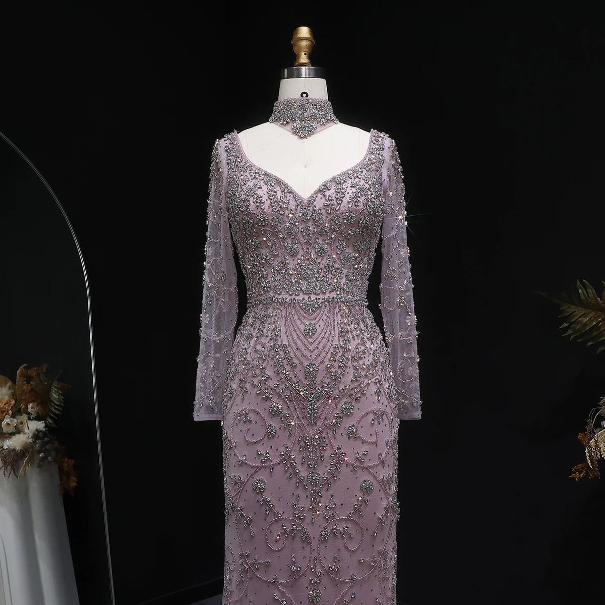 Elegant Pink Beaded Long Sleeve Evening Dress with Neck Ring