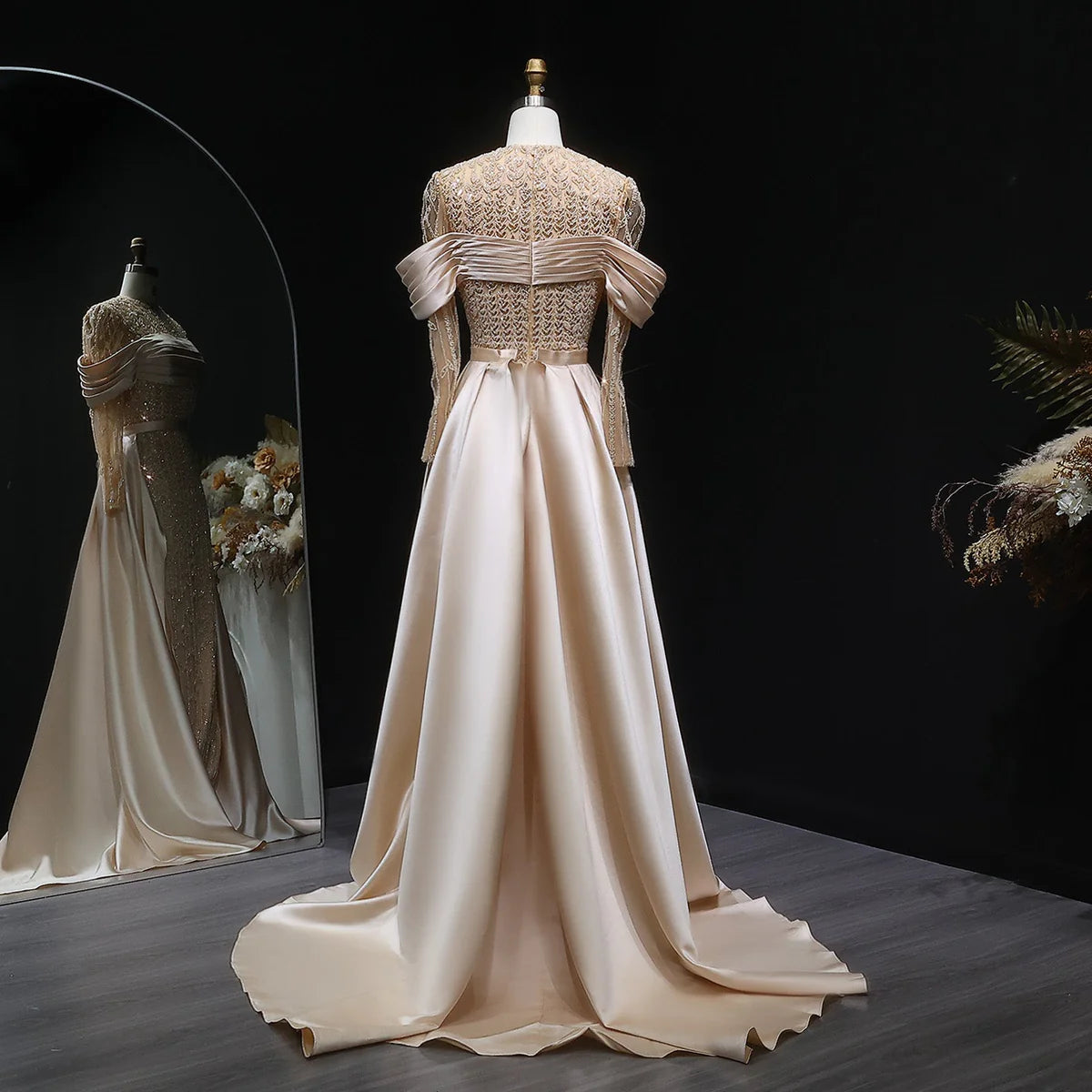 Elegant Arabic Champagne Beaded Evening Dress with Overskirt