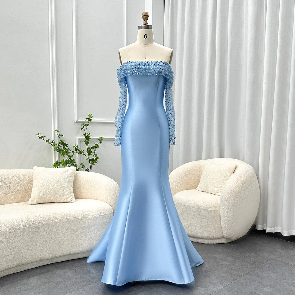 Elegant Off-Shoulder Blue Long-Sleeve Mermaid Evening Dress