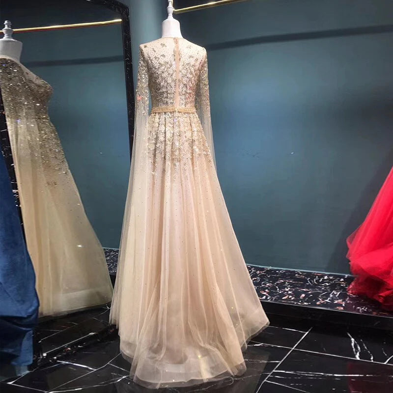 Luxury Crystal Gold Evening Dress with Cape Sleeve